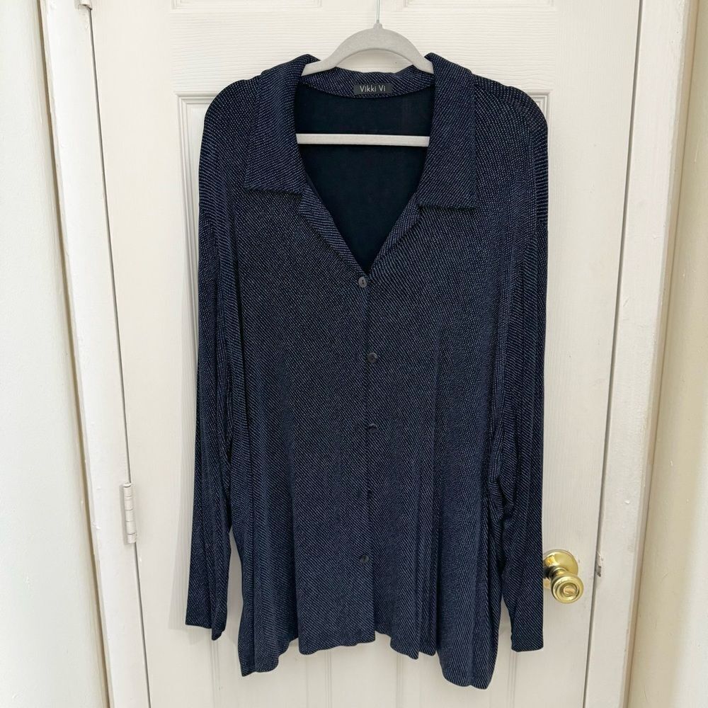 Vicki Vi Classic Button Down Navy Blue Slinky Size 3X Dots Tunic Artsy